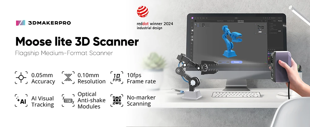 3DMakerpro Moose Lite 3D Scanner, 0.05mm Accuracy, 0.10mm Resolution, NIR Light Source, 24-bit Color Camera, Al Visual Tracking, 10fps Frame Rate, Anti-Shake Lenses, Compatible with Windows/MacOS