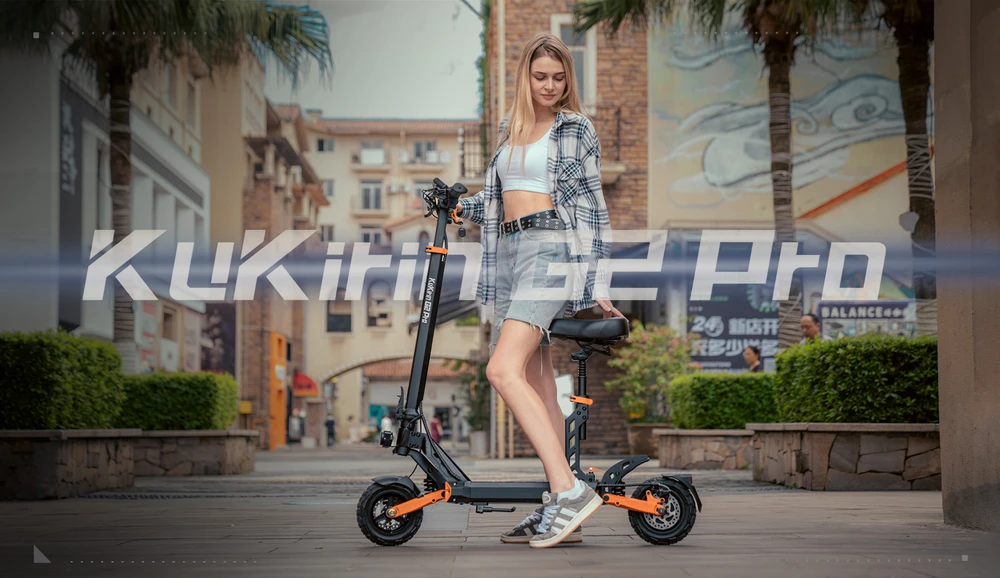 KuKirin G2 Pro 2024 New version Folding Electric Scooter 9.0x3.0 Inch Tubeless Vacuum Tire 600W Motor 48V 15.6Ah Battery 58km Max Range, HD LCD Display Dual Disc Brake Led Light  Spring Shock Absorber, Detachable Seat Turn signal light