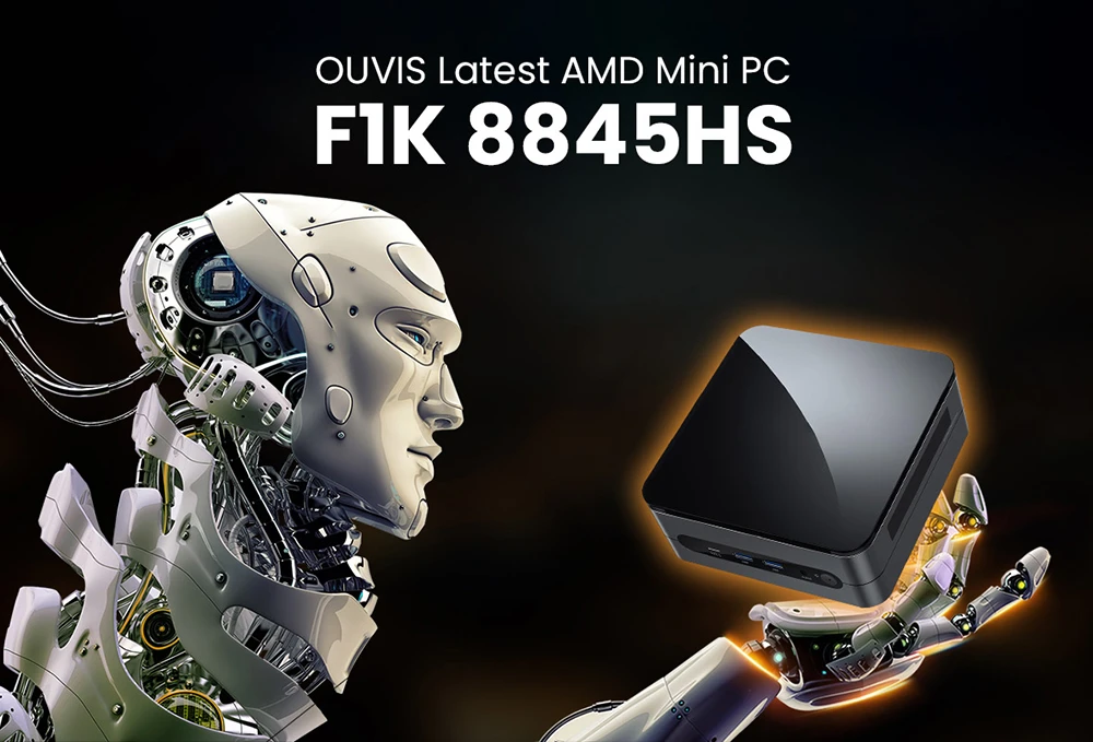 OUVIS F1K Mini PC, AMD Ryzen 7 8845HS 8 Cores Up to 5.1GHz, 16GB RAM 1TB SSD, 2*HDMI+1*Type-C 4K 60Hz Triple Display, WiFi 6 Bluetooth 5.2, 4*USB 3.2 1*RJ45 1*Audio - EU Plug