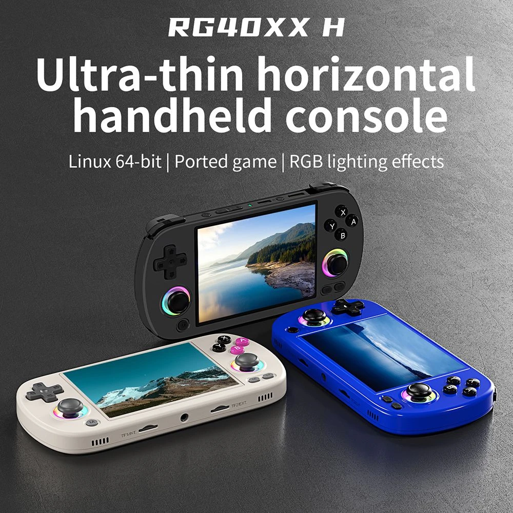 Console de jeu rétro ANBERNIC RG40XX H avec lumière RVB, carte TF de 64 Go avec plus de 5000 jeux, LPDDR4 1 Go, écran IPS 640*480P, batterie de 3200 mAh pour 6 heures d'autonomie, système d'exploitation Linux, Bluetooth Wifi 5G, streaming Moonlight - Noir