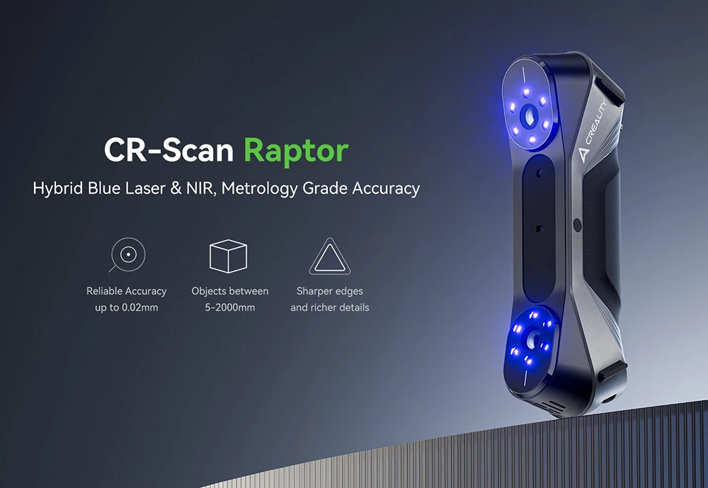 Creality Raptor 3D Scanner, Hybrid Blue Laser NIR, 60fps Scanning Speed, Objects Between 5-2000mm, 24-bit Full-Color Scan, 0.02mm Accuracy, Anti-shaking