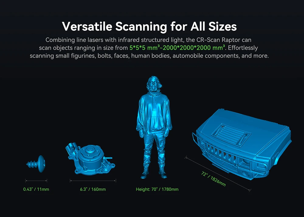 Creality Raptor 3D Scanner, Hybrid Blue Laser NIR, 60fps Scanning Speed, Objects Between 5-2000mm, 24-bit Full-Color Scan, 0.02mm Accuracy, Anti-shaking