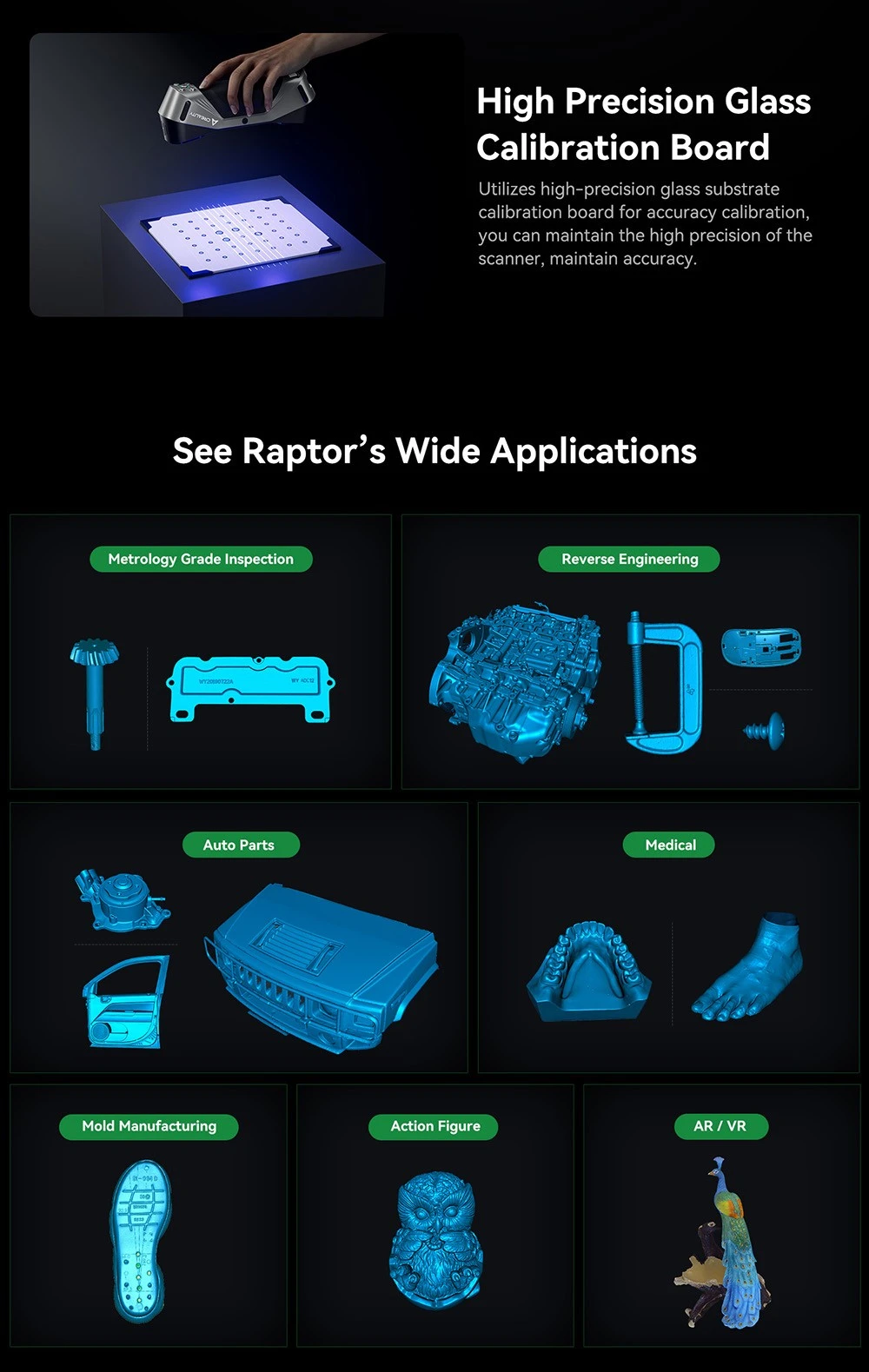 Creality Raptor 3D Scanner, Hybrid Blue Laser NIR, 60fps Scanning Speed, Objects Between 5-2000mm, 24-bit Full-Color Scan, 0.02mm Accuracy, Anti-shaking