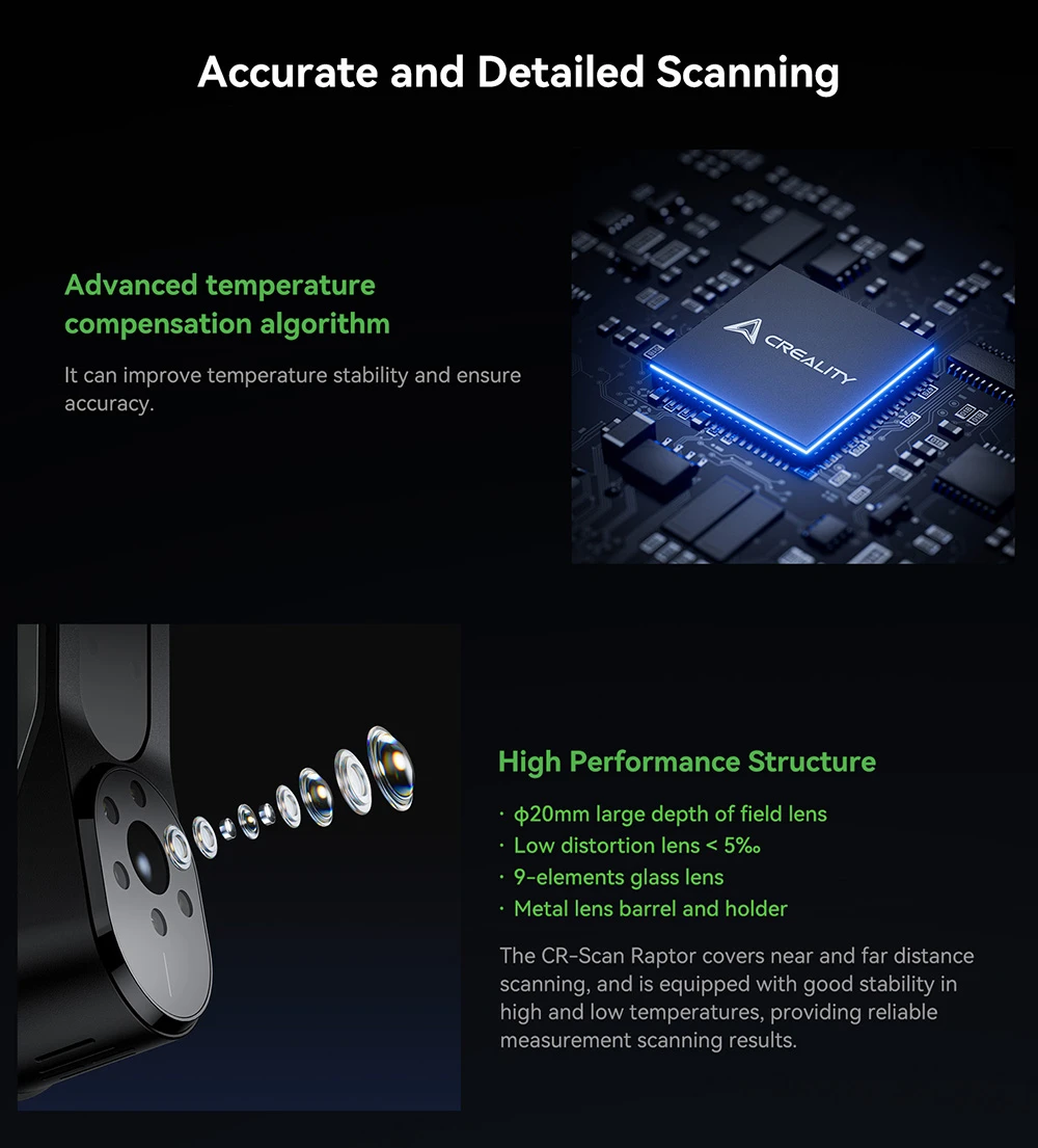 Creality Raptor 3D Scanner, Hybrid Blue Laser NIR, 60fps Scanning Speed, Objects Between 5-2000mm, 24-bit Full-Color Scan, 0.02mm Accuracy, Anti-shaking