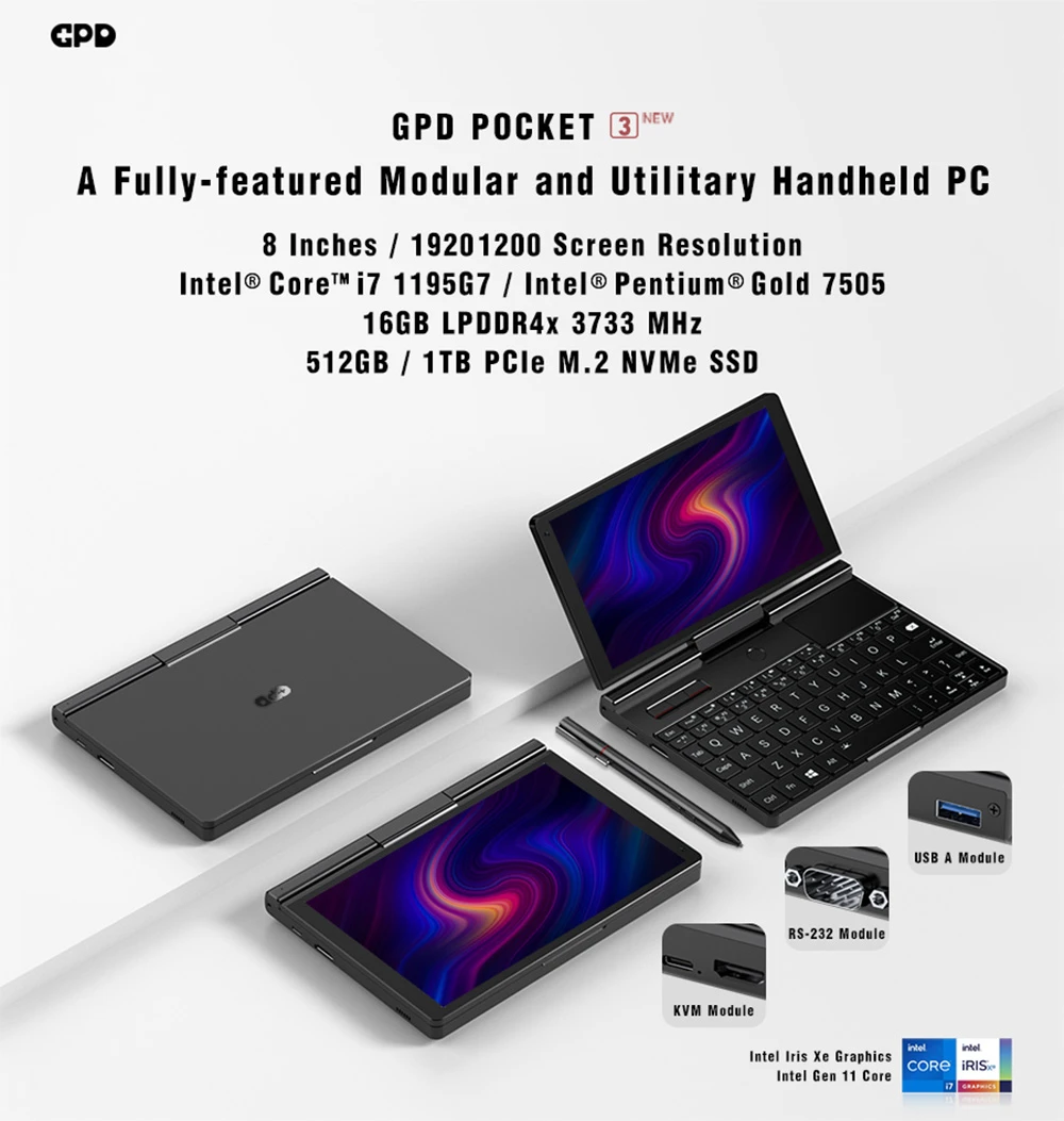 GPD Pocket 3 Handheld Laptop, Intel Core i7-1195G7 4 Cores Max 5.0GHz, 8'' 1920*1200 IPS Touchscreen, 16GB RAM 512GB SSD, 10000mAh Battery, WiFi6E Bluetooth5.3, 1*Thunderbolt 4 1*HDMI 2.0b 1*USB 3.2 Gen2 Type-A 2*USB 3.2 Gen1 Type-A 1*RJ45 - US Plug