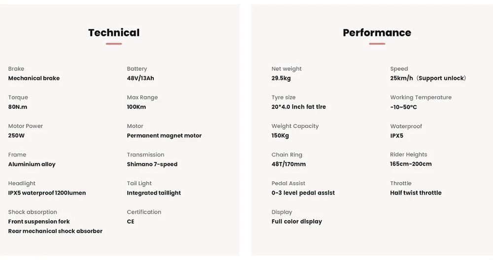 PVY Turbo Electric Bike, 250W Motor, 48V 13Ah Battery, 20*4.0 inch Fat Tires, 25km/h Max Speed, 100km Range, Shimano 7-Speed, Mechanical Disc Brake, Front Suspension Fork & Rear Mechanical Shock Absorber