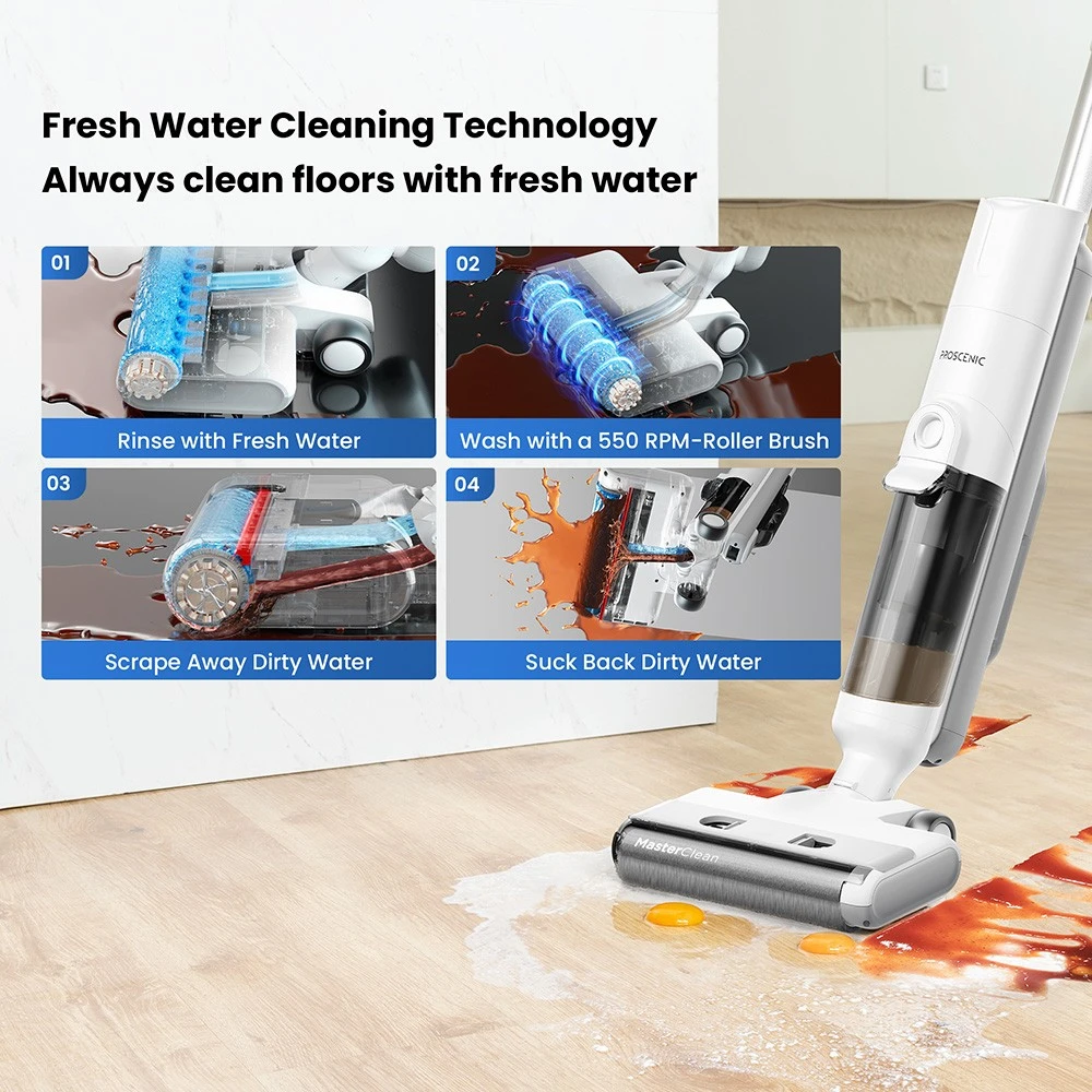 Proscenic F10 Pro Cordless Vacuum and Mop, 30min Runtime, Self-Cleaning, LED Screen, All-Around Edge Cleaning, 3 Cleaning Modes, Dual Water Tanks