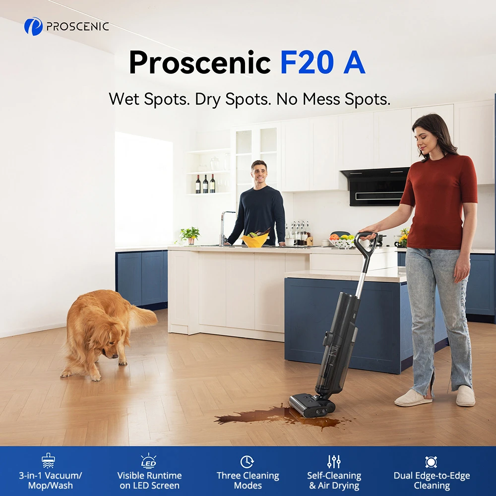 Proscenic F20A Cordless Vacuum and Mop, 35min Runtime, LED Screen, Self-Cleaning & Air Drying, All-Around Edge Cleaning, App Control, Solid-Liquid Separation