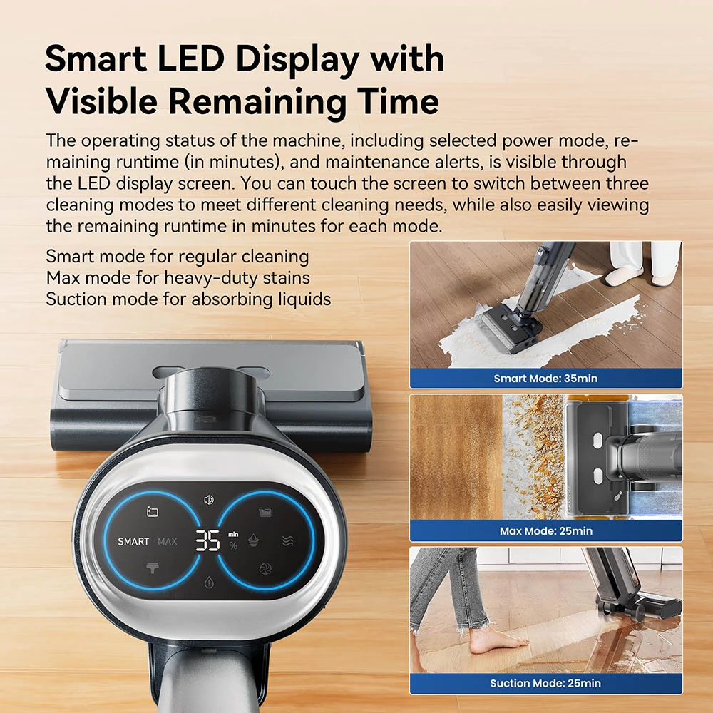 Aspirateur balai sans fil Proscenic F20A, autonomie de 35 min, écran LED, autonettoyage et séchage à l'air, nettoyage complet des bords, contrôle par application, séparation solide-liquide