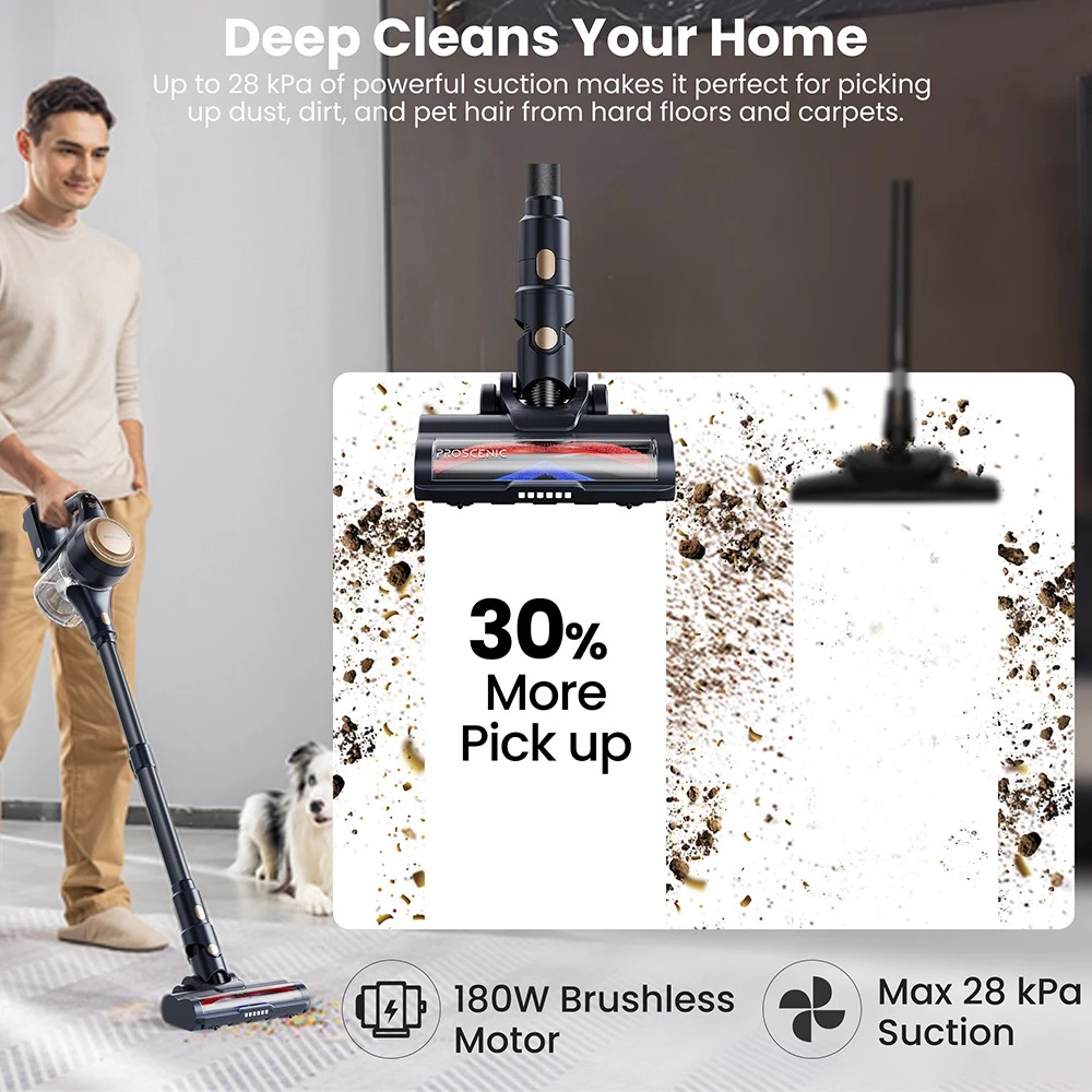 Proscenic P11 Lite Cordless Vacuum Cleaner, Max 28 kPa Suction, Up to 35min Runtime, LED Screen, Auto De-Tangles Hair, 180° Swivel Steering, 550ml Dustbin, Telescopic Pipe, Low Noise, Wall-mounted Storage