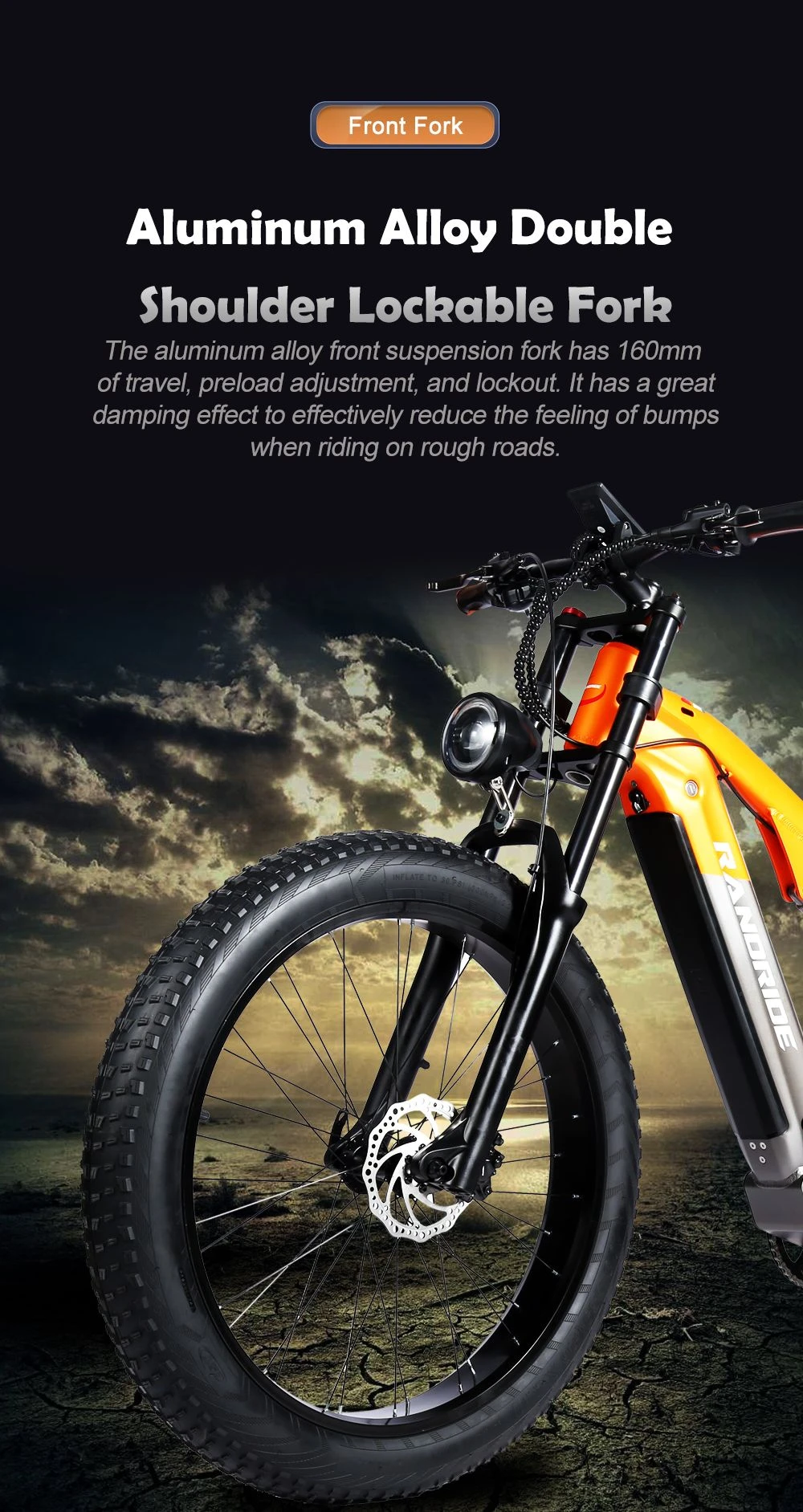 RANDRIDE YX80 Electric Bike, 1500W Brushless Motor, 48V 20Ah Battery, 26x4.0' CST Fat Tire, 50km/h Max Speed, 124km Max Range, Rear Shock Absorber, Shimano Hydraulic Brakes, Shimano 7 Speed, LCD Display