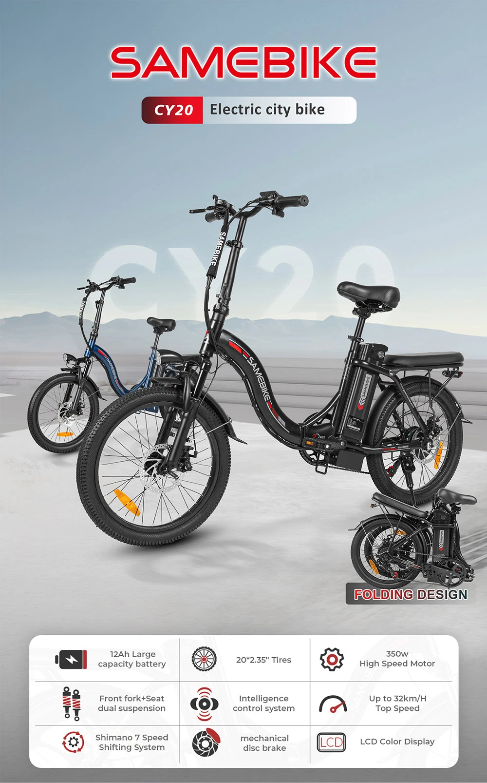 Vélo électrique pliable SAMEBIKE CY20, moteur 350 W, batterie 36 V 12 Ah, pneu 20 x 2,35 pouces, vitesse maximale 32 km/h, autonomie maximale 80 km, double suspension, freins à disque mécaniques, Shimano 7 vitesses, écran LCD - Blanc