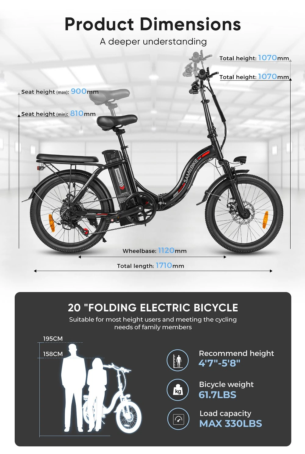 Vélo électrique pliable SAMEBIKE CY20, moteur 350 W, batterie 36 V 12 Ah, pneu 20 x 2,35 pouces, vitesse maximale 32 km/h, autonomie maximale 80 km, double suspension, freins à disque mécaniques, Shimano 7 vitesses, écran LCD - Blanc