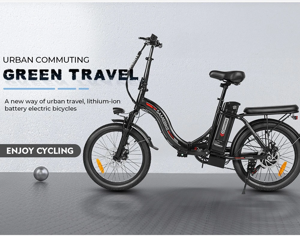 Vélo électrique pliable SAMEBIKE CY20, moteur 350 W, batterie 36 V 12 Ah, pneu 20 x 2,35 pouces, vitesse maximale 32 km/h, autonomie maximale 80 km, double suspension, freins à disque mécaniques, Shimano 7 vitesses, écran LCD - Blanc