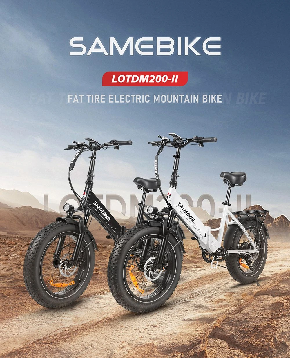 Vélo électrique pliable SAMEBIKE LOTDM200-II, moteur 750 W, batterie 48 V 13 Ah, gros pneu 20 x 4 pouces, vitesse maximale 40 km/h, autonomie 80 km, système de suspension double, freins à disque mécaniques, écran intelligent NFC, Shimano 7 vitesses - Noir