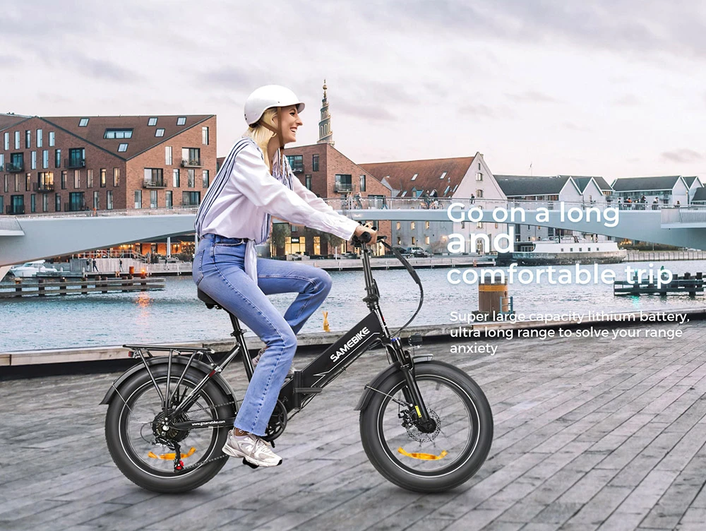 Vélo électrique pliable SAMEBIKE LOTDM200-II, moteur 750 W, batterie 48 V 13 Ah, gros pneu 20 x 4 pouces, vitesse maximale 40 km/h, autonomie 80 km, système de suspension double, freins à disque mécaniques, écran intelligent NFC, Shimano 7 vitesses - Noir