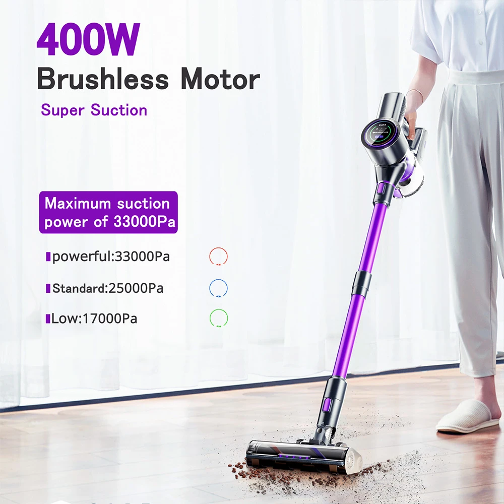 SmartAI P40 Cordless Vacuum Cleaner, 33KPa Suction Power, 55min Runtime, 400W Brushless Motor, LED Touch Screen, 1.3L Dustbin