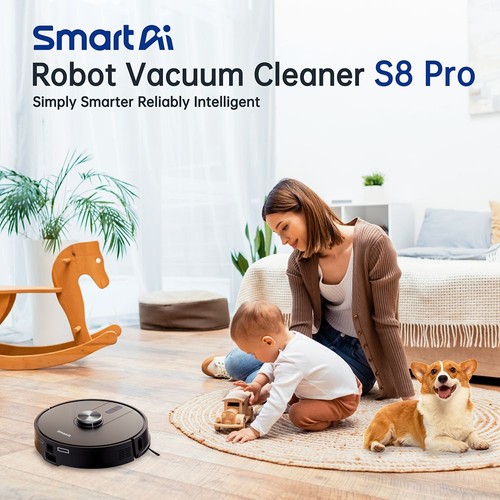 Aspirateur robot SmartAI S8 Pro avec station de base, puissance d'aspiration de 5 000 Pa, réservoir d'eau de 380 ml, poubelle de 3 L, stockage de poussière pendant plus de 45 jours, commande à distance/voix/application