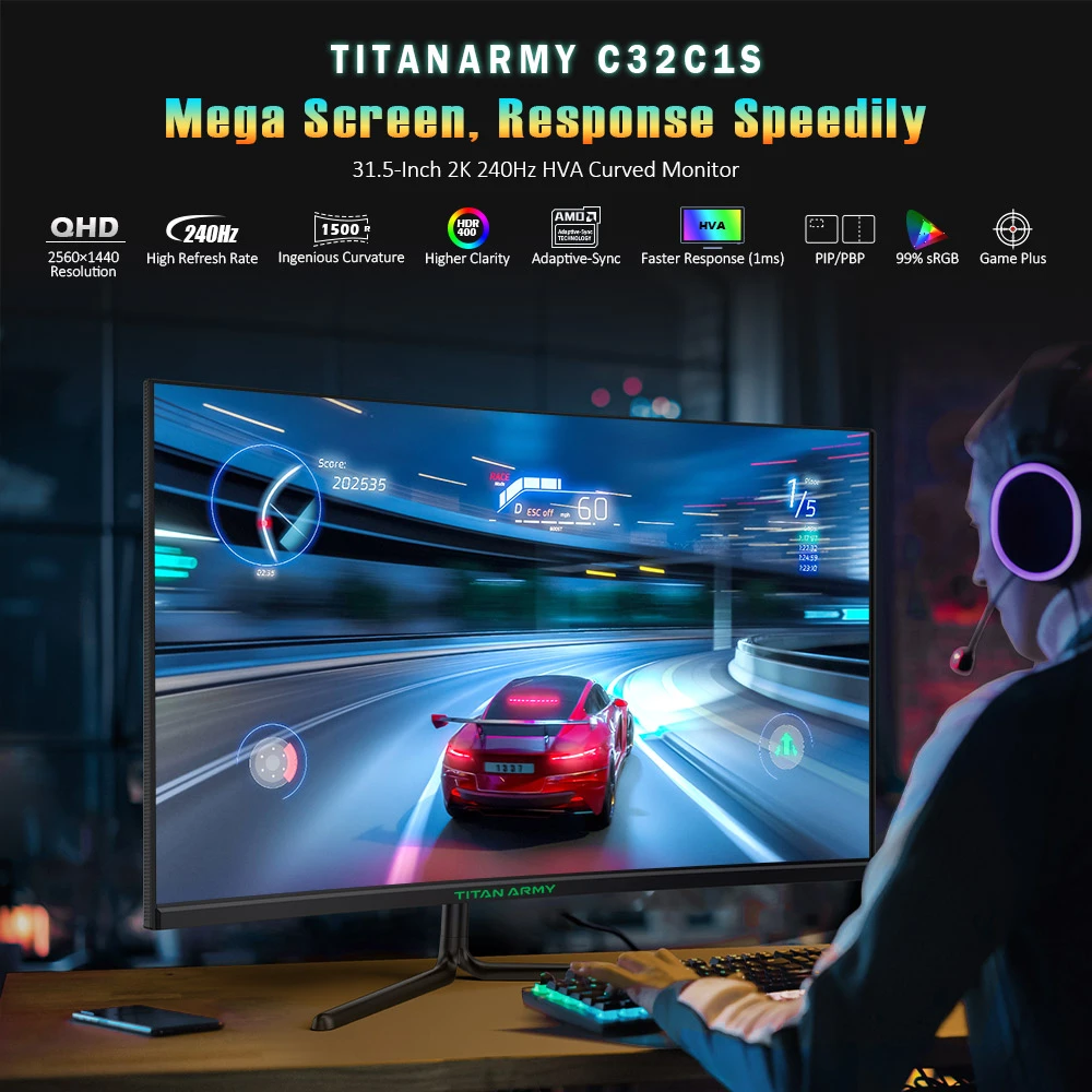 TITAN ARMY C32C1S Gaming monitors with 31.5 Inches Screen, 2K Resolution, 240Hz High Refresh Rate