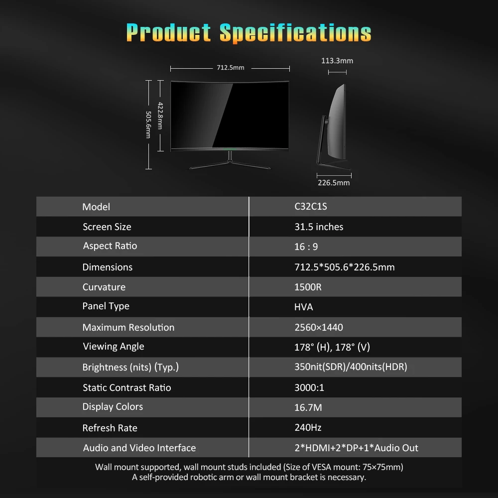 TITAN ARMY C32C1S Gaming monitors with 31.5 Inches Screen, 2K Resolution, 240Hz High Refresh Rate