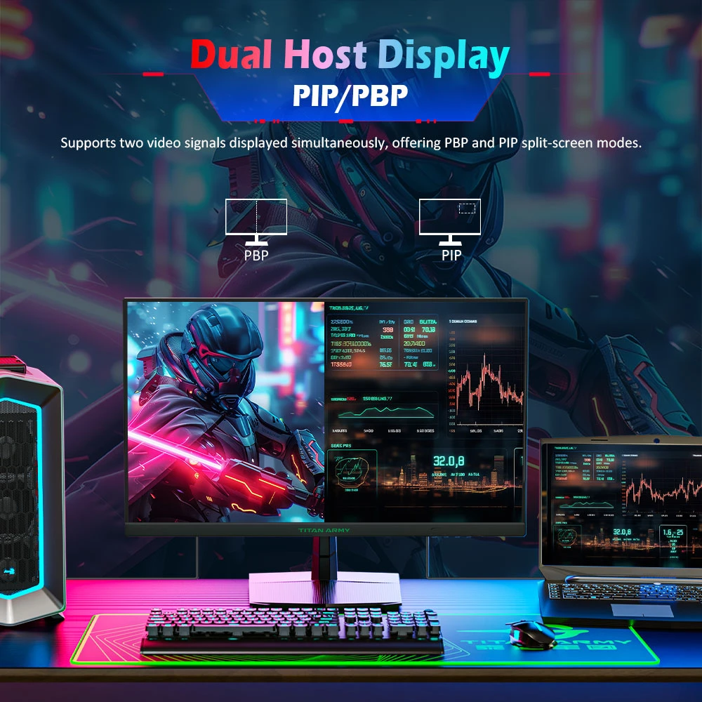 TITAN ARMY P2510H Gaming Monitor, 24.5'' 2 HVA Fast LCD Panel, 1920*1080, 240Hz Refresh Rate, 1ms GTG, HDR10, 99%sRGB, Adaptive-Sync, Dynamic OD, Ultra-Fast Game Mode, 10 Scene Modes, PBP & PIP Split-screen Display, Low Blue Light, VESA Wall Mounting