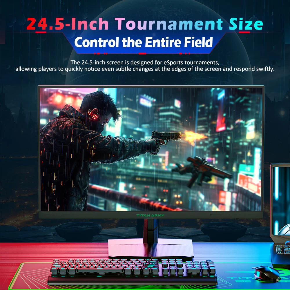 TITAN ARMY P2510H Gaming Monitor, 24.5'' 2 HVA Fast LCD Panel, 1920*1080, 240Hz Refresh Rate, 1ms GTG, HDR10, 99%sRGB, Adaptive-Sync, Dynamic OD, Ultra-Fast Game Mode, 10 Scene Modes, PBP & PIP Split-screen Display, Low Blue Light, VESA Wall Mounting