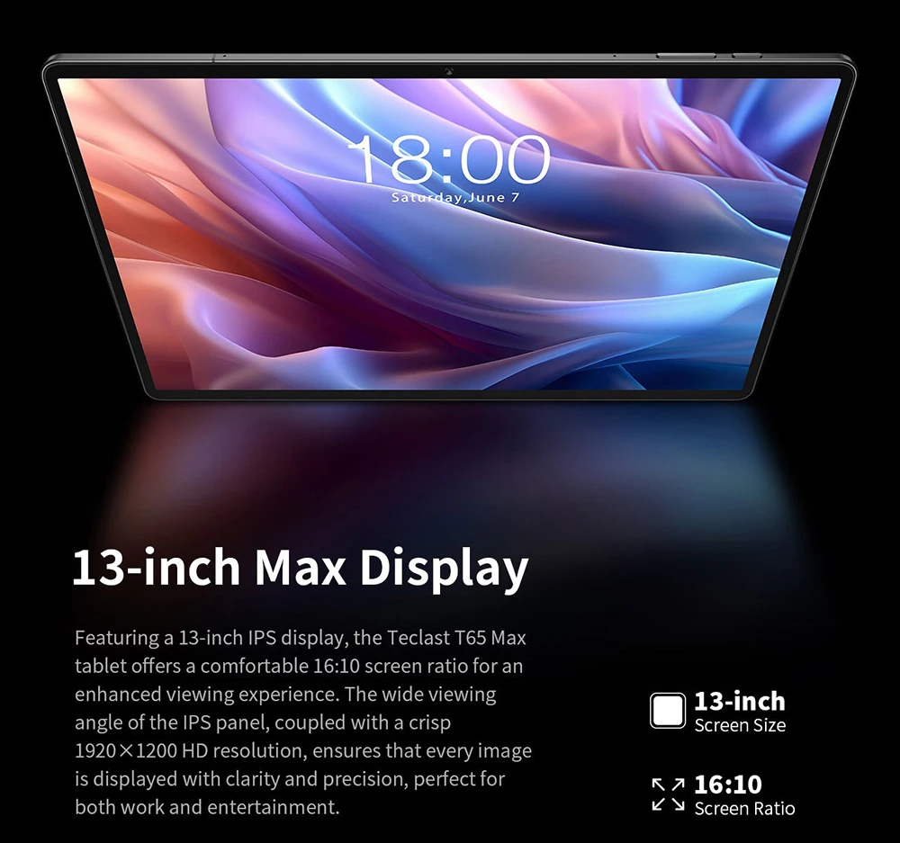 Teclast T65 Max Android 14 Tablet, 13-inch 1920*1200 IPS Screen, Helio G99 8 Core Max 2.2GHz, 8GB+12GB Expansion RAM 256GB ROM, 2.4/5GHz WiFi Bluetooth 5.0, 8MP+13MP Camera, 10000mAh Battery, 18W Fast Charging, GPS/Galileo/GLONASS/BDS, Face Unlock