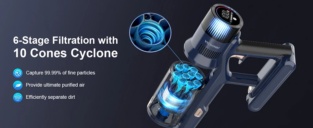 Vicsonic S7 Cordless Vacuum Cleaner, 35KPa Suction Power, 480W Motor, 65min Runtime, 4 Suction Modes, OLED Touch Screen, 180° Foldable, LED Searchlight, 6-stage HEPA Filtration