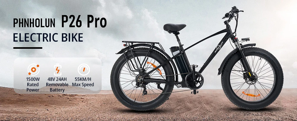 PHNHOLUN P26 Pro Electric Bike 1500W Motor, 48V 24Ah Removable Battery, 26*4.0 inch Fat Tire, 55km/h Max Speed, 120km Range Hydraulic brakes Large Color Screen Tail light