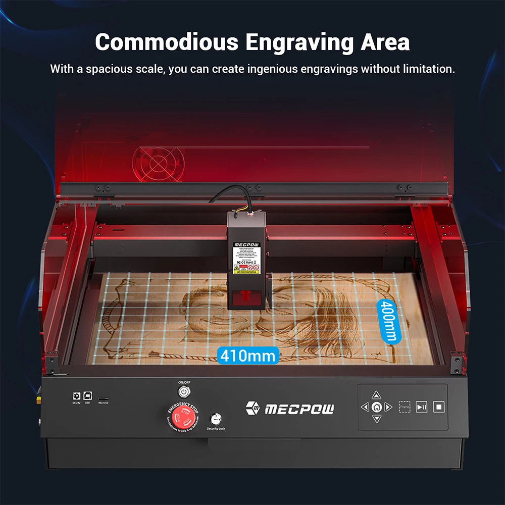 Mecpow X4 Pro 22W Laser Engraver Cutter, with Protective Cover & Integrated Air Assist, 0.08x0.1mm Laser Spot, 22000mm/min Engraving Speed, Emergency Stop, Offline Work, Support LightBurn/ LaserGRBL/ MKSLaser, 410*400mm