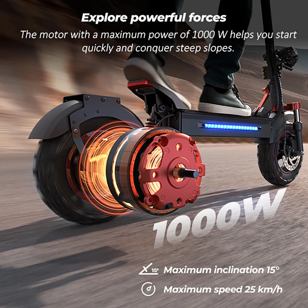 iScooter iX5S Electric Scooter, 1000W Motor, 48V 15Ah Battery, 10-inch Tire, 25km/h Max Speed, 65km Range, Dual Disc Brakes, Front & Rear Shock Absorbers