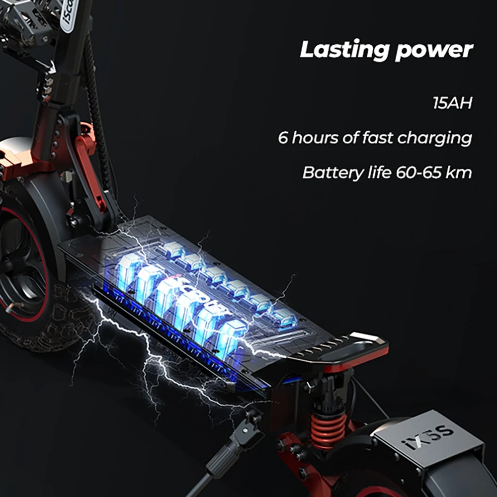 iScooter iX5S Electric Scooter, 1000W Motor, 48V 15Ah Battery, 10-inch Tire, 25km/h Max Speed, 65km Range, Dual Disc Brakes, Front & Rear Shock Absorbers