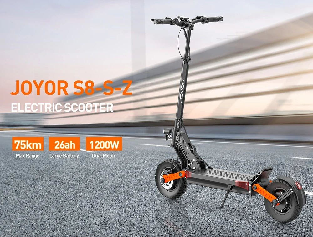 Trottinette électrique Joyor S8-SZ avec clignotants, moteur 600 W x 2, batterie 48 V 26 Ah, pneu 10 pouces, vitesse maximale 55 km/h, autonomie 75 km, doubles freins hydrauliques, amortisseurs avant et arrière, système 6 lumières