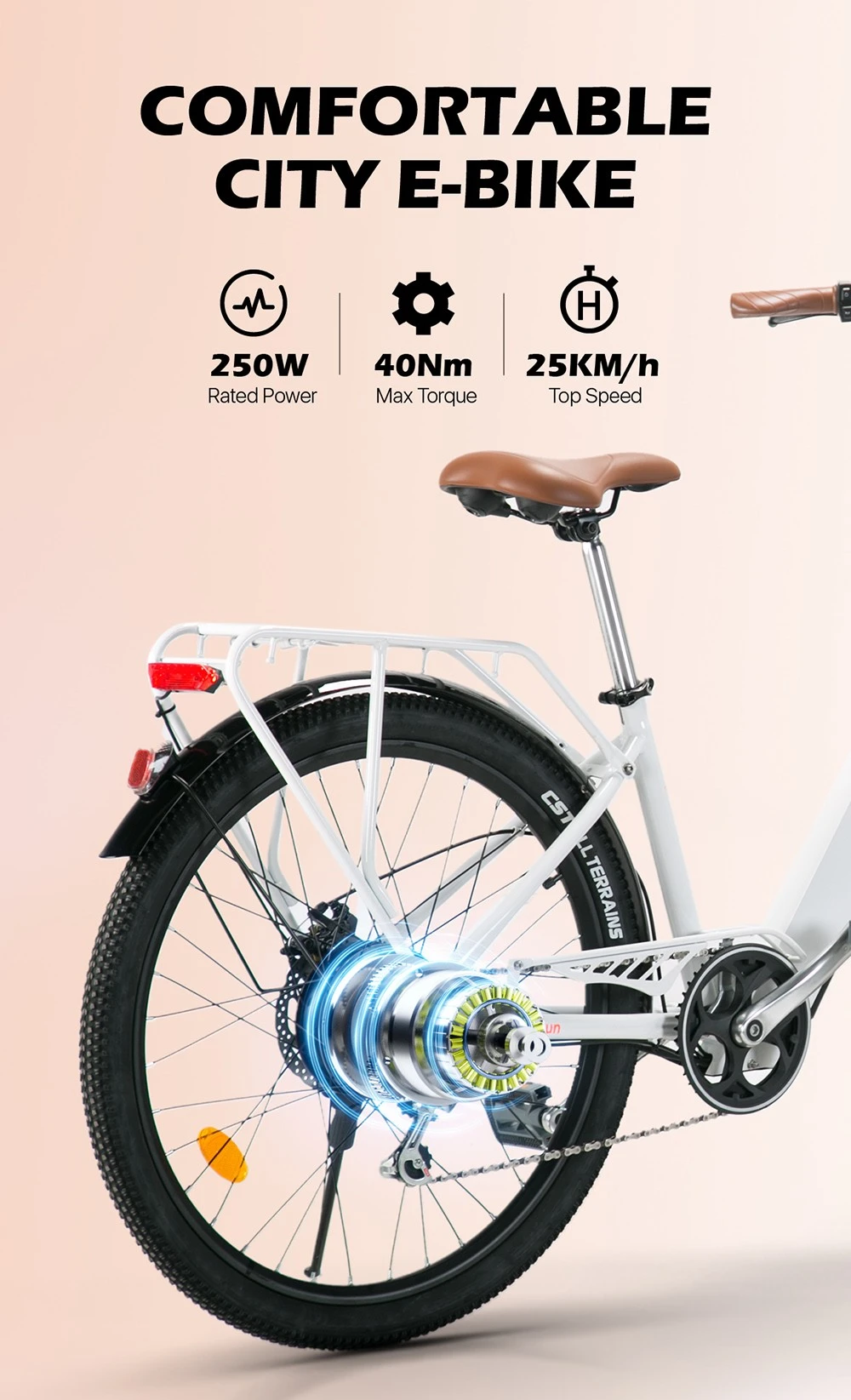 CYSUM Cityrun-26 Step-Thru Elcykel för Stadscyklar 26 Tums Däck 250W Motor 36V 10Ah Batteri 25km/h Maxhastighet 30-50km Räckvidd SHIMANO 7-växlad Dubbel Skivbroms - Vit