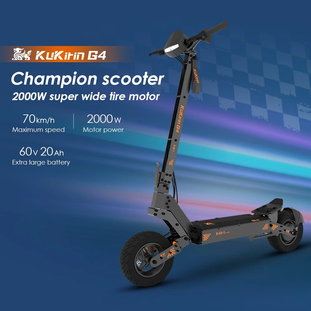 KuKirin G4 Upgraded Version Off-Road Electric Scooter with 2000W Motor, 60V 20Ah Battery, 75km Top Range, 70km/h Max Speed, 11 Inch Vacuum Tires, Turn Signal - Black