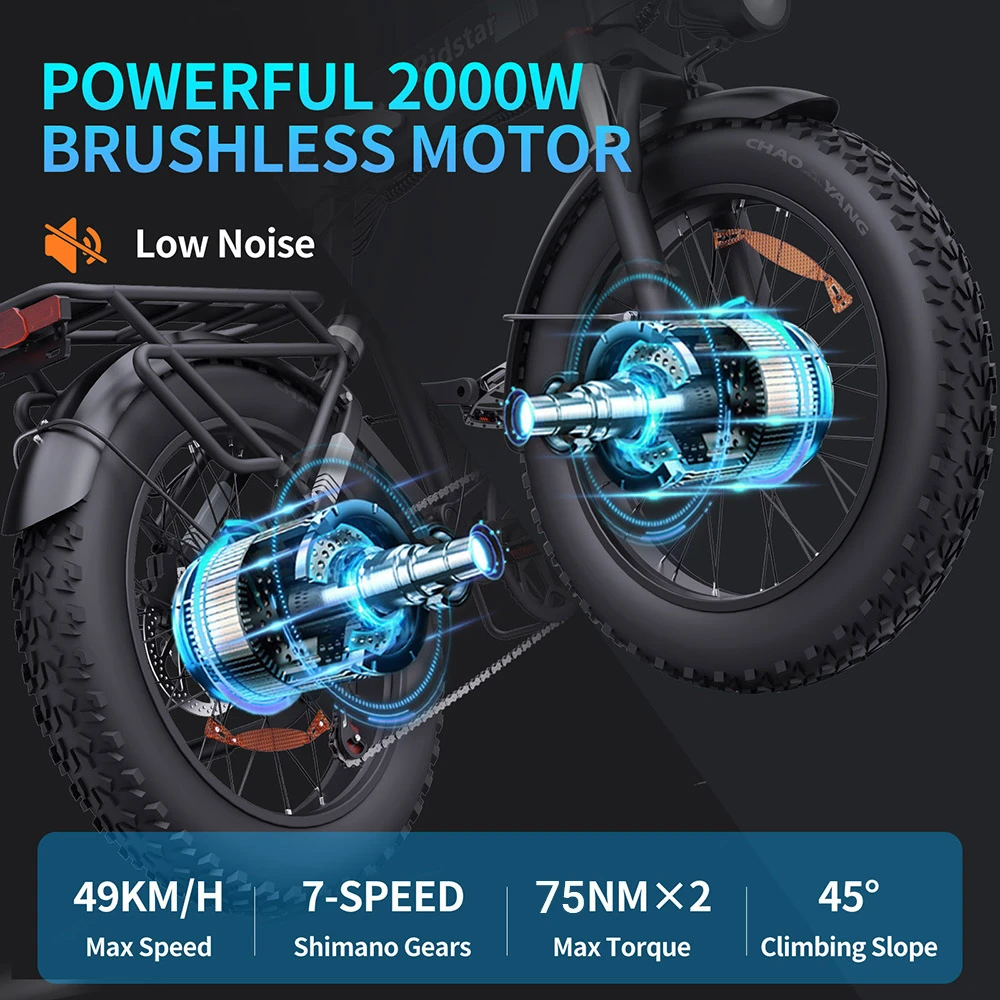 Ridstar H20 Pro Electric Bike, 1000W*2 Motor, 48V 23AH Battery, 20*4 Inch Fat Tires, 49km/h Max Speed, 112km Range, Hydraulic Disc Brake, Front and Rear Shock Absorber, Shimano 7-speed