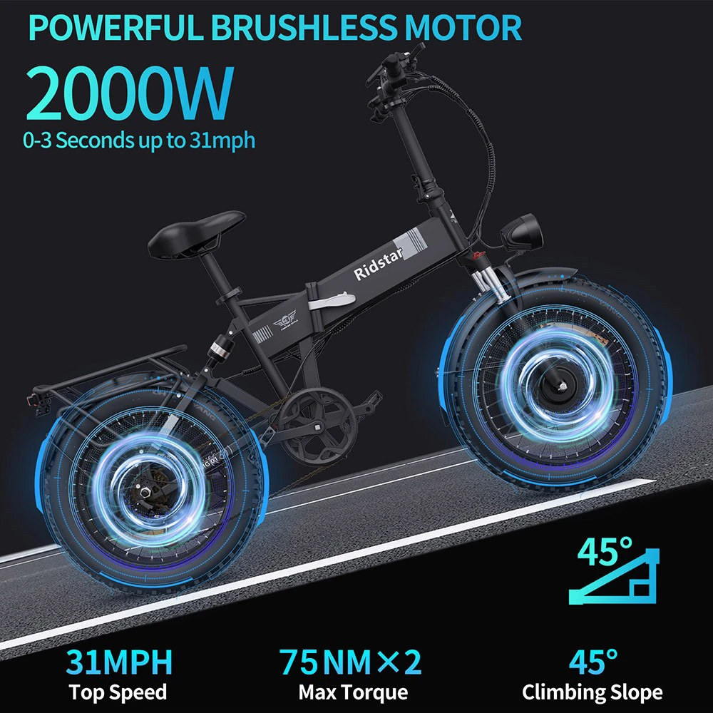 Ridstar H20 Pro Electric Bike, 1000W*2 Motor, 48V 23AH Battery, 20*4 Inch Fat Tires, 49km/h Max Speed, 112km Range, Hydraulic Disc Brake, Front and Rear Shock Absorber, Shimano 7-speed