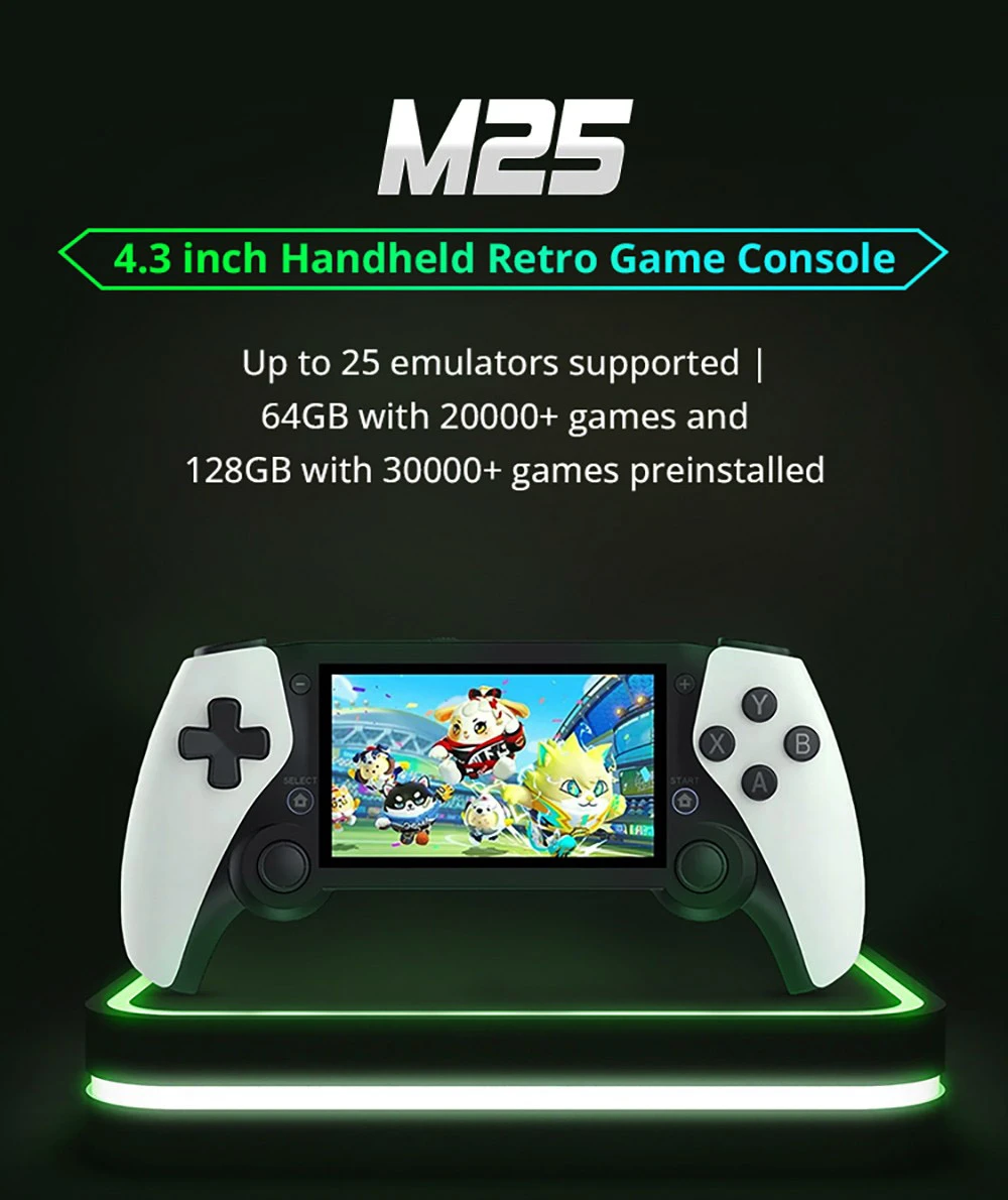 M25 Handheld Game Console, 64GB TF Card with 20000+ Games, 25 Emulators, 4.3in Screen, 3D Rocker for Arcade Games, Rockchip RK3566, 3000mAh Battery, Save/Load Games, Brightness Adjustable