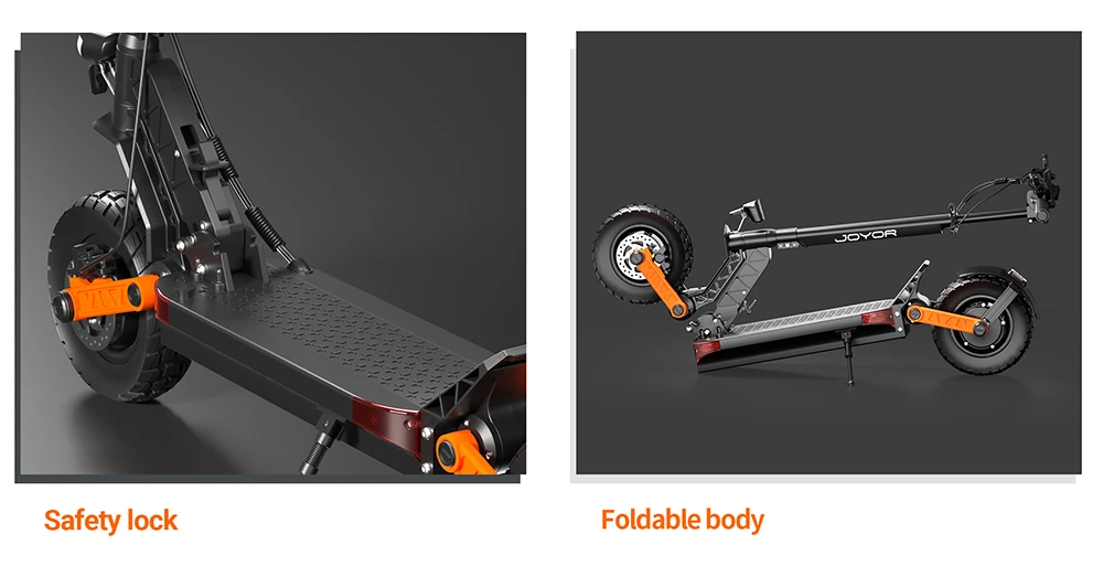 Trottinette électrique Joyor S8-SZ avec clignotants, moteur 600 W x 2, batterie 48 V 26 Ah, pneu 10 pouces, vitesse maximale 55 km/h, autonomie 75 km, doubles freins hydrauliques, amortisseurs avant et arrière, système 6 lumières