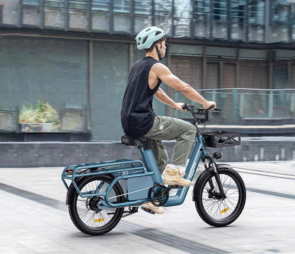 ONESPORT OT01 Electric Cargo Bike, 650W Motor, 48V 27Ah Battery, 20*2.6-inch Tire, 25km/h Max Speed, 100km Max Range, Hydraulic Disc Brakes, Front Suspension Fork - Blue