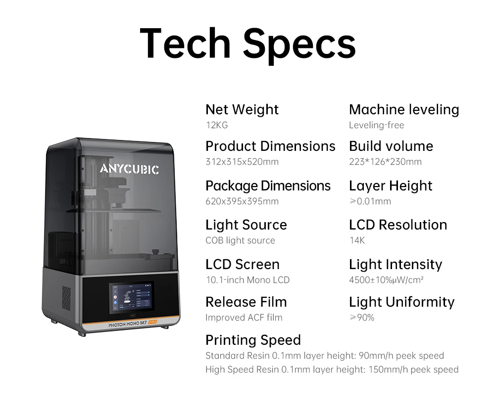 Anycubic Photon Mono M7 Resin 3D Printer, 90mm/h Print Speed, 14K COB Source, 10.1inch Mono LCD, Dynamic Light-off, Leveling-free, 223*126*230mm