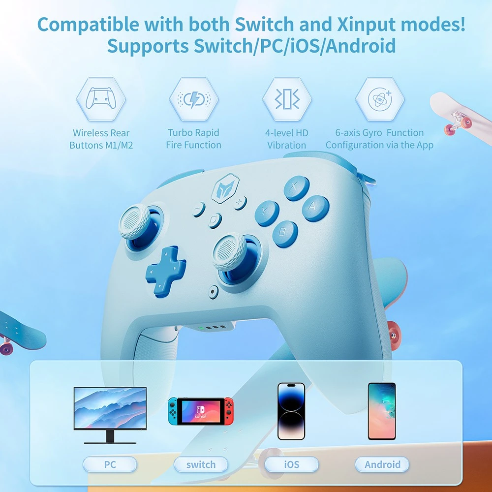 BIGBIG WON CHOCO Wireless Game Controller, Custom Button, 6-Axis Gyro, 128-Step Macro Programming - Blue