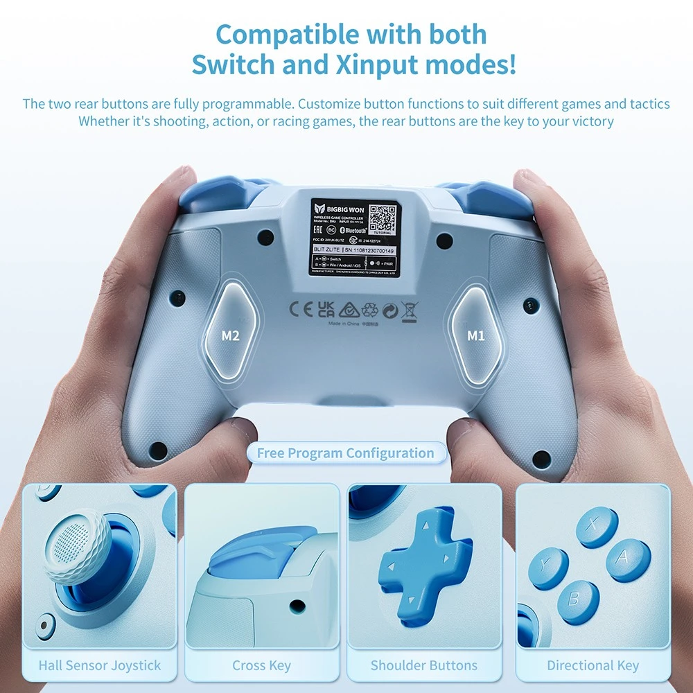 BIGBIG WON CHOCO Wireless Game Controller, Custom Button, 6-Axis Gyro, 128-Step Macro Programming - Blue