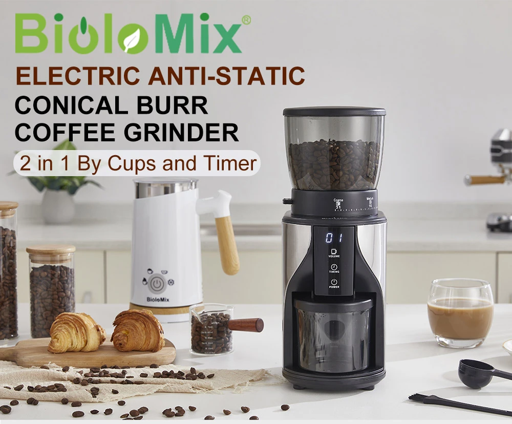 BioloMix BCG819 Conical Burr Coffee Grinder, with 31 Grind Settings for Espresso Turkish Coffee, LCD Touch Screen, Anti-static