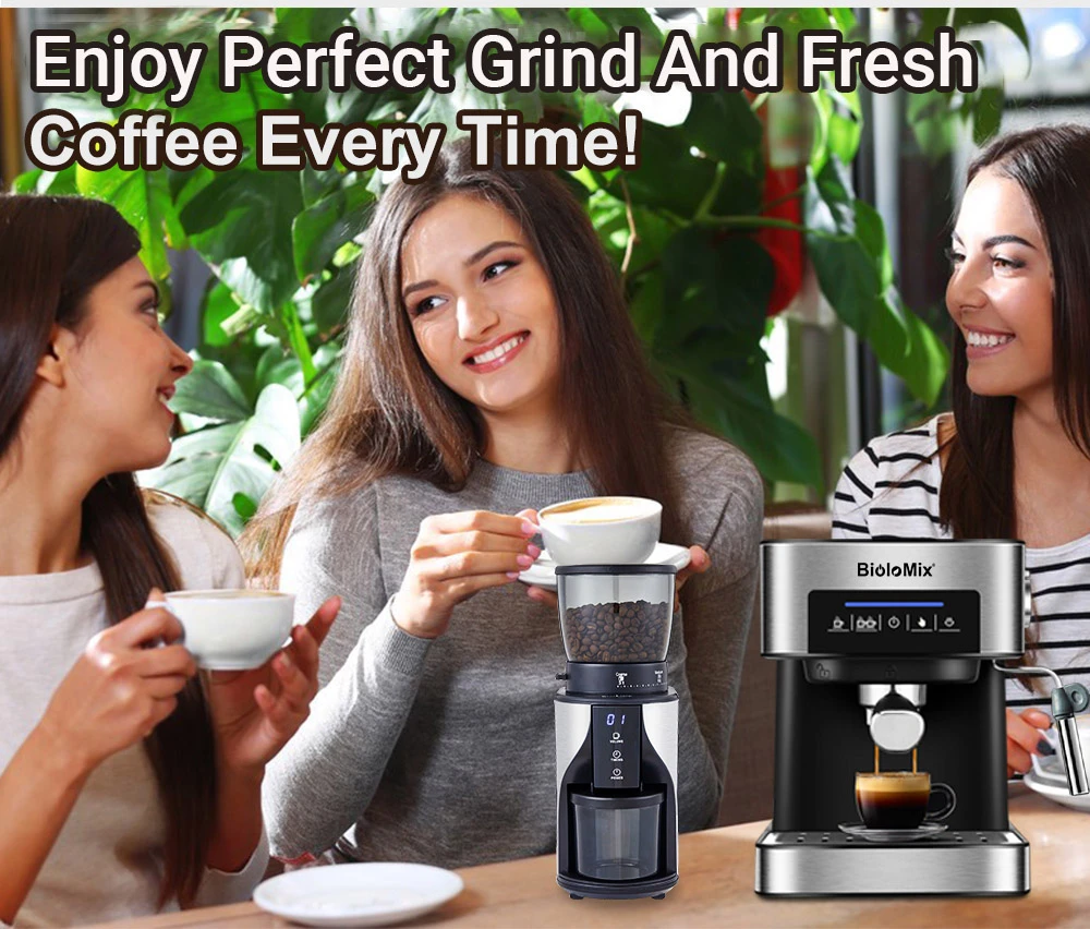 BioloMix BCG819 Conical Burr Coffee Grinder, with 31 Grind Settings for Espresso Turkish Coffee, LCD Touch Screen, Anti-static