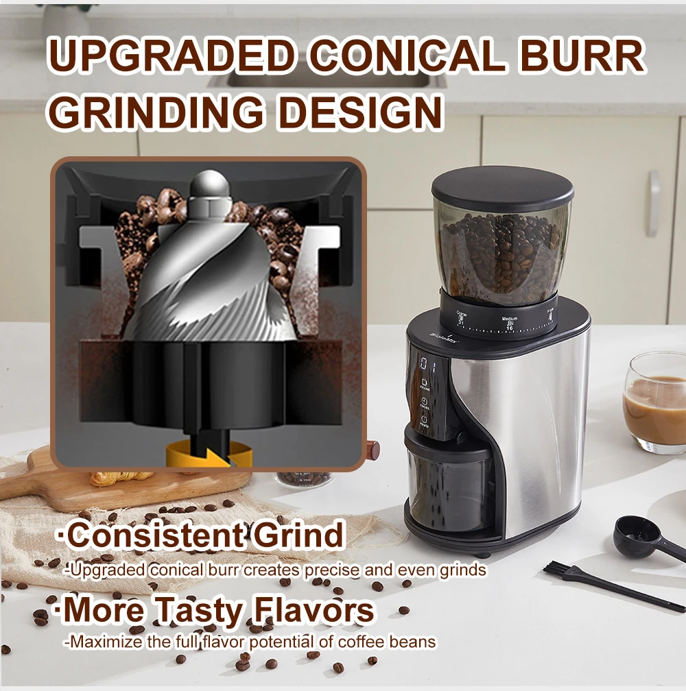 BioloMix BCG819 Conical Burr Coffee Grinder, with 31 Grind Settings for Espresso Turkish Coffee, LCD Touch Screen, Anti-static