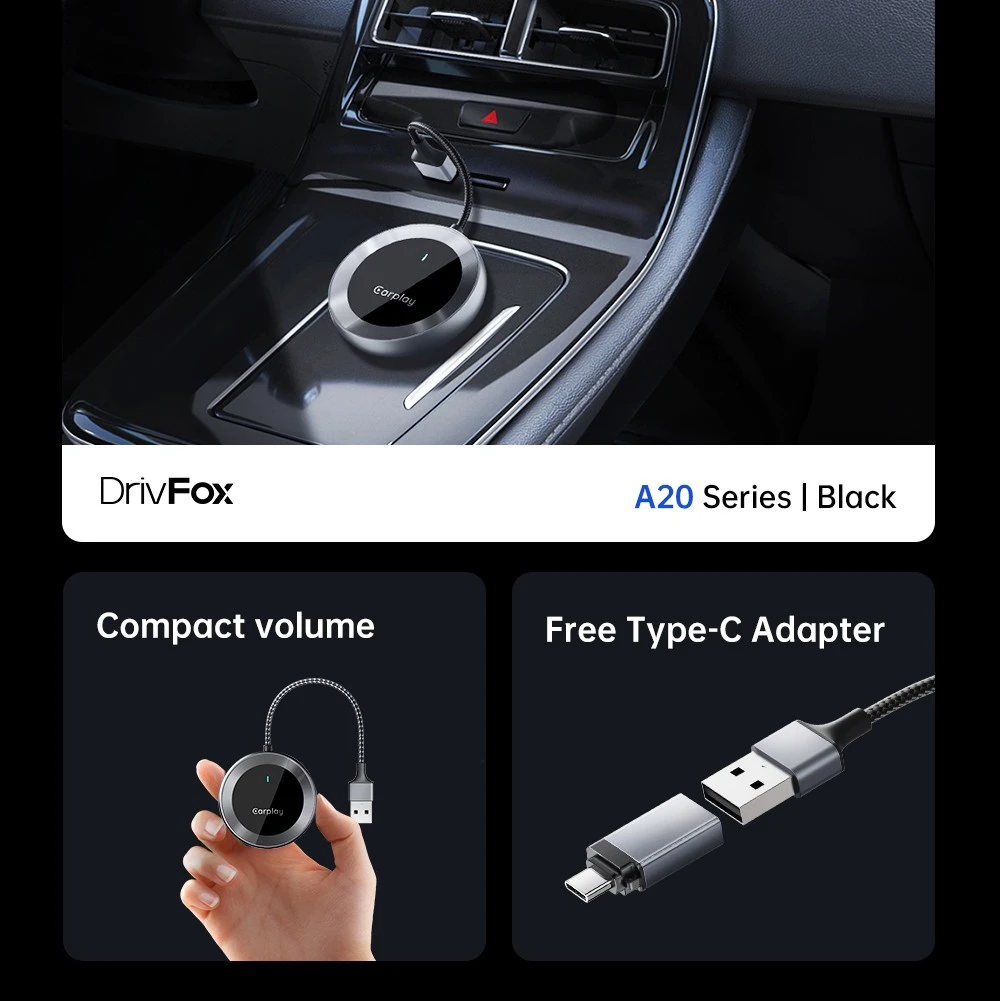 DriFox A20 Wired to Wireless Carplay Adapter, Plug & Play, Auto-Connect, 5.8GHz Fast Data Transmission, Voice Assistant