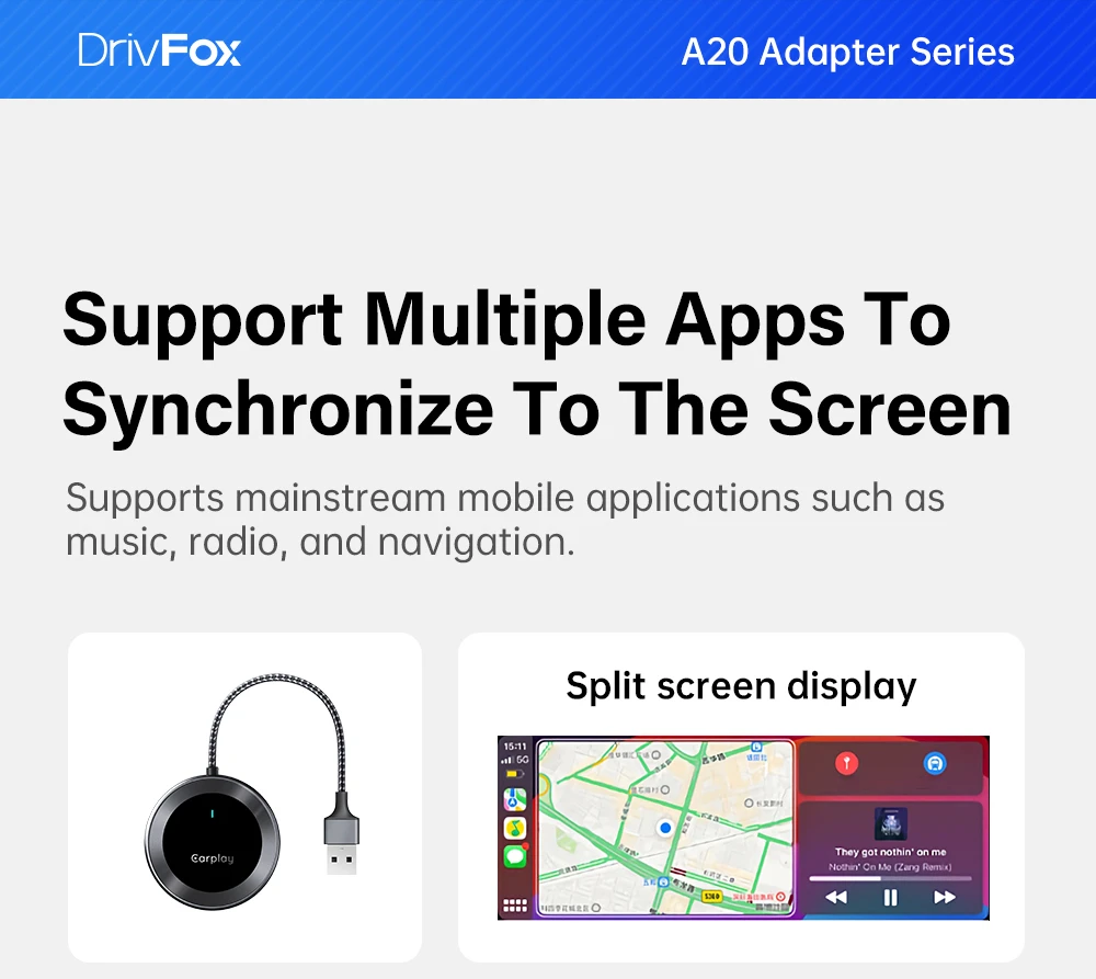 DriFox A20 Wired to Wireless Carplay Adapter, Plug & Play, Auto-Connect, 5.8GHz Fast Data Transmission, Voice Assistant