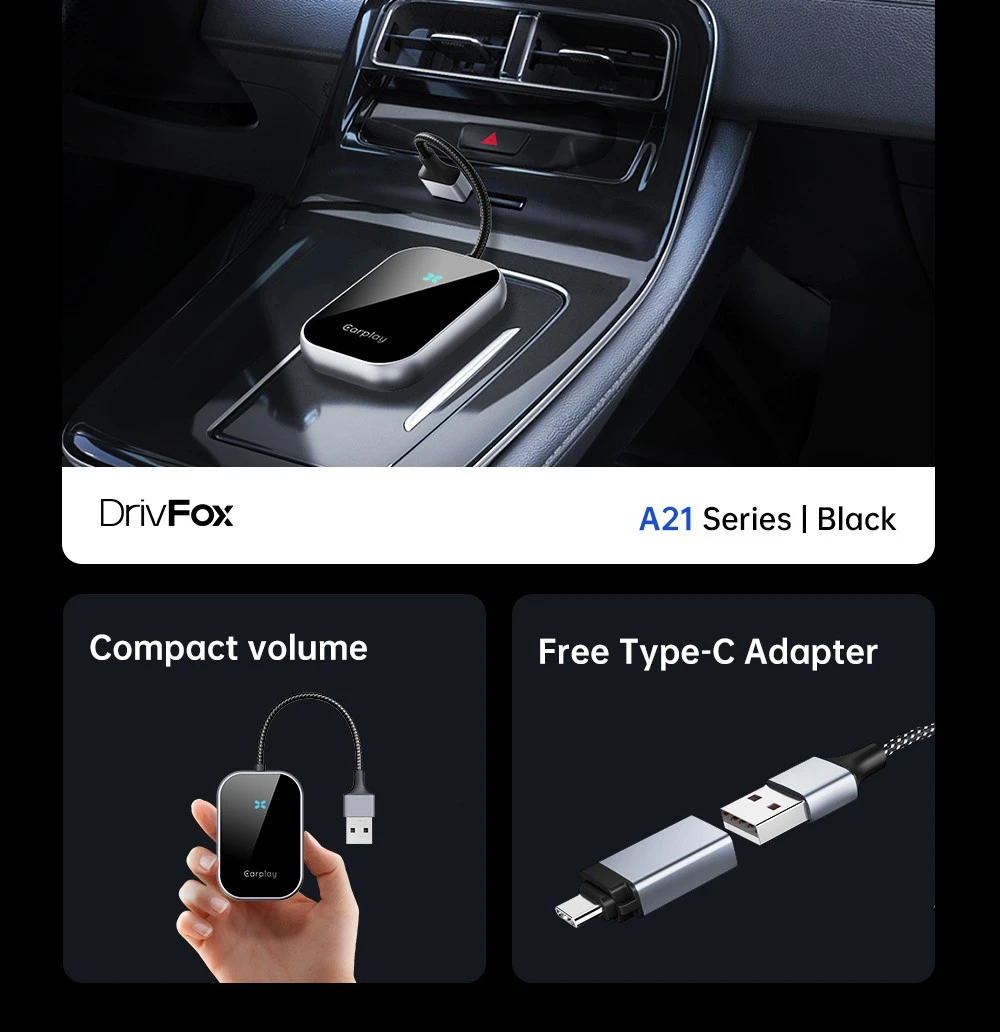 DriFox A21 Wired to Wireless Carplay Adapter, Plug & Play, Auto-Connect, 5.8GHz Fast Data Transmission, Voice Assistant - Blue