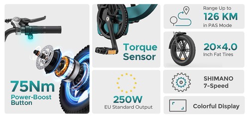 ENGWE L20 BOOST Elektrofahrrad, 250-W-Motor, 48-V-13-Ah-Akku, 20 x 4 Zoll große Fat-Reifen, 25 km/h Höchstgeschwindigkeit, 126 km maximale Reichweite, Drehmomentsensor, Shimano 7-Gang, Vorderradgabelfederung, mechanische Scheibenbremsen